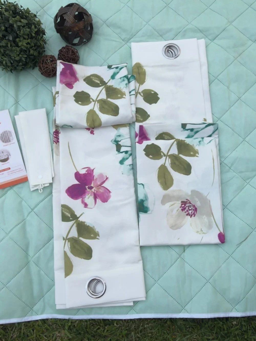 Floral Watercolor Shower Curtain Panel - White with Pink & Green